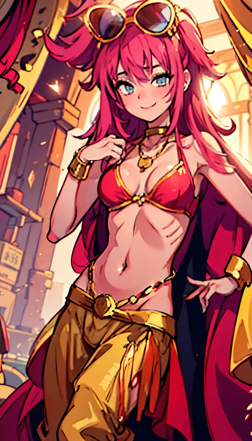 A smug narcissistic pink haired woman wearing a golden bra and golden pants and lots of jewelry flaunting herself