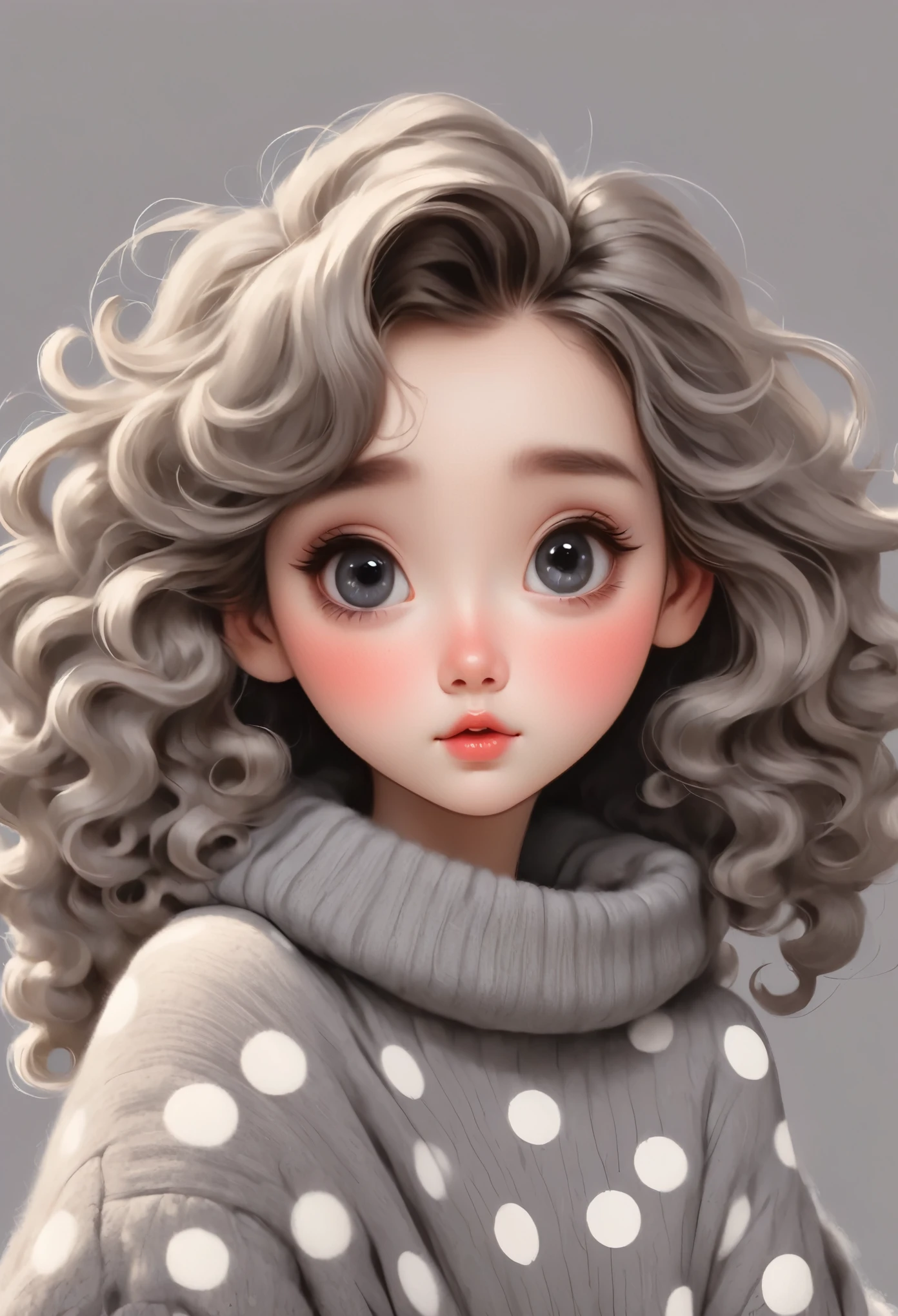 (masterpiece, best quality:1.2), 1 Girl，Unique，cute girl with big eyes, Wearing an oversized sweater with grey and white polka dots, Hair styled into soft curls，Draped over the shoulders, Disney style, Cartoon character design, Use simple lines, As a flat illustration, Solid color background, 