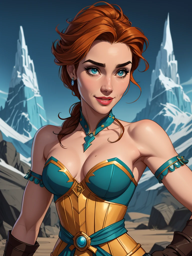 Personagem mulher estilo atompunk Fiona rainha Anna de Arendelle com marcas de guerras Imagem de desenho animado de uma mulher .Ilustra??o estilo desenho animado, estilo de arte dos desenhos animados, estilo de arte dos desenhos animados, digital illustration style, estilo atompunk design de personagens altamente detalhado, arte digital detalhada coragem, Forest fan art, Design de personagens de retrato, beautiful digital illustration, retrato de alta qualidade, Arte em quadrinhos, mulher jovem cabelo com transas lindas . Queen Anna lined eyes Medium large bust and wonderful sexy clothes. image expression of sexual desire from waist to head illustration Queen Anne of Arendelle atompunk style Fallout 4 style pose playboy magazine sensual witch Character cartoon style facial expression happy beautiful smile and six medium small portrait mode waist up with lots of gold around her other stones precious portrait mode waist up queen of the south Jennifer Connelly GTA scenery dominatrix gold coins chest with jewelry with her boyfriend, um homem com barba preta, armado com um estilo militar,