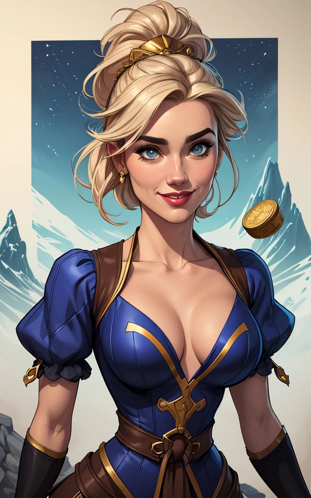 Personagem mulher estilo atompunk Fiona rainha Anna de Arendelle com marcas de guerras Imagem de desenho animado de uma mulher .Ilustra??o estilo desenho animado, estilo de arte dos desenhos animados, estilo de arte dos desenhos animados, digital illustration style, estilo atompunk design de personagens altamente detalhado, arte digital detalhada coragem, Forest fan art, Design de personagens de retrato, beautiful digital illustration, retrato de alta qualidade, Arte em quadrinhos, mulher jovem cabelo com transas lindas . Queen Anna of ArendelleBeautiful lined eyes Medium large bust and wonderful sexy clothes. image expression of sexual desire from waist to head illustration Queen Anne of Arendelle atompunk style Fallout 4 style pose playboy magazine sensual witch Character cartoon style facial expression happy beautiful smile and six medium small portrait mode waist up with lots of gold around her other stones precious portrait mode waist up queen of the south Jennifer Connelly GTA scenery dominatrix gold coins chest with jewelry with her boyfriend, um homem com barba preta, armado com um estilo militar,