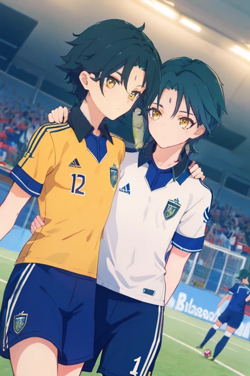 2 boys,dark green hair,highest quality,masterpiece,excessive,male focus,yellow eyes,beautiful eyes,beautiful boy,School,between men,Spouse,soccer club members,Blue soccer uniform,soccer,high school,soccer uniform,blue clothes,soccer court,teammate,same clothes,shoulder to shoulder,feminine,good friend,best image quality,high resolution,Clear Expression