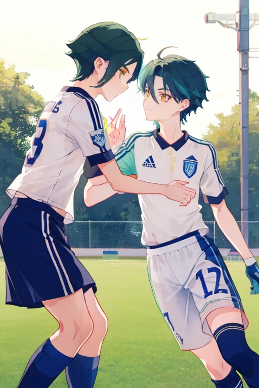 2 boys,dark green hair,highest quality,masterpiece,excessive,male focus,yellow eyes,beautiful eyes,beautiful boy,School,between men,Spouse,soccer club members,Blue soccer uniform,soccer,high school,soccer uniform,blue clothes,soccer court,teammate,same clothes,shoulder to shoulder,feminine,good friend,best image quality,high resolution,Clear Expression