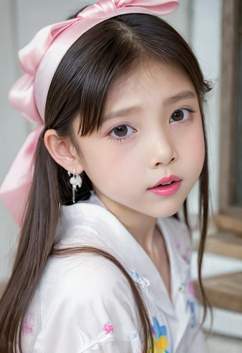 (masterpiece, best quality: 1.2),10-year-old long-haired child，colloid， Sexy eyes，Exquisite eyes，The expression of a kiss，Wet pink and white sexy lips， colloid皮肤，Slim body，earrings（（White clothes）），full-body shot