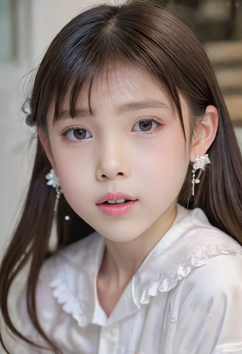 (masterpiece, best quality: 1.2),10-year-old long-haired child，colloid， Sexy eyes，Exquisite eyes，The expression of a kiss，Wet pink and white sexy lips， colloid皮肤，Slim body，earrings（（White clothes）），full-body shot