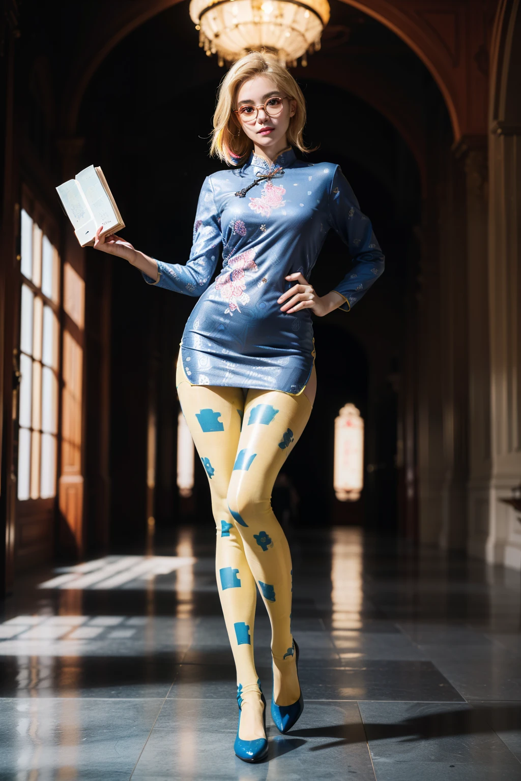 (full body:1.5),(((only one girl)):1.4),(view the viewer:1.4),((anatomy correct):1.45),(((dancing in the palace, Perfectly integrated background))):1.3),(she wears large glasses and Holding book in her hand:1.2),(shy:1.15),((red cheongsam's set):1.2),(((((((patterns)))))) ,((thick pantyhose)):1.3),( Uniform high heels leather shoes with bows for female students:1.1),((Long legs and large chest):1.3),((((colorful))):1.4),(Accurate and perfect face:1.3),((blonde):1.2),hyper HD, Ray traching, reflective light, structurally correct, Award-Awarded, high detail, lighten shade contrast, Face lighting ,cinematic lighting, masterpiece, super detailing, high quality, high detail, best quality, 16k,High contrast,