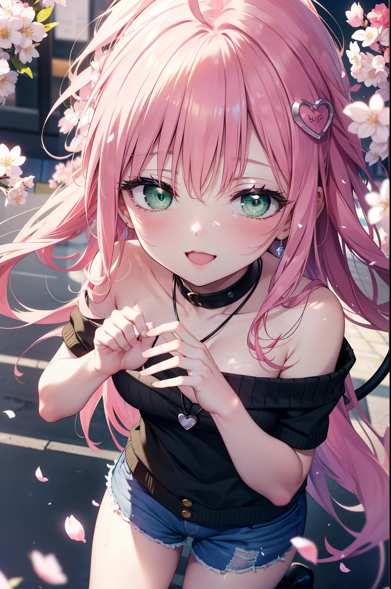 Lara Deviluke, Lara Deviluke, Long Hair, Pink Hair, tail, Ahoge, bangs, hair ornaments, (Green Eyes:1.5), happy smile, smile, Open your mouth,demon tail,Off-the-shoulder sweater,Exposing shoulders,bare clavicle,Bare neck,Heart Pendant,Shorts,Black Pantyhose,short boots,Cherry blossoms are blooming,Cherry blossoms are scattered,Cherry blossom tree-lined path,Daytime,Clear skies,
break outdoors, city,ビル街
break looking at viewer, (Cowboy Shot:1. 5)
break (masterpiece:1.2), highest quality, High resolution, unity 8k w全てpaper, (shape:0.8), (beautiful detailed eyes:1.6), extremely detailed face, Perfect lighting, extremely detailed CG, (Perfect hands, Perfect Anatomy),