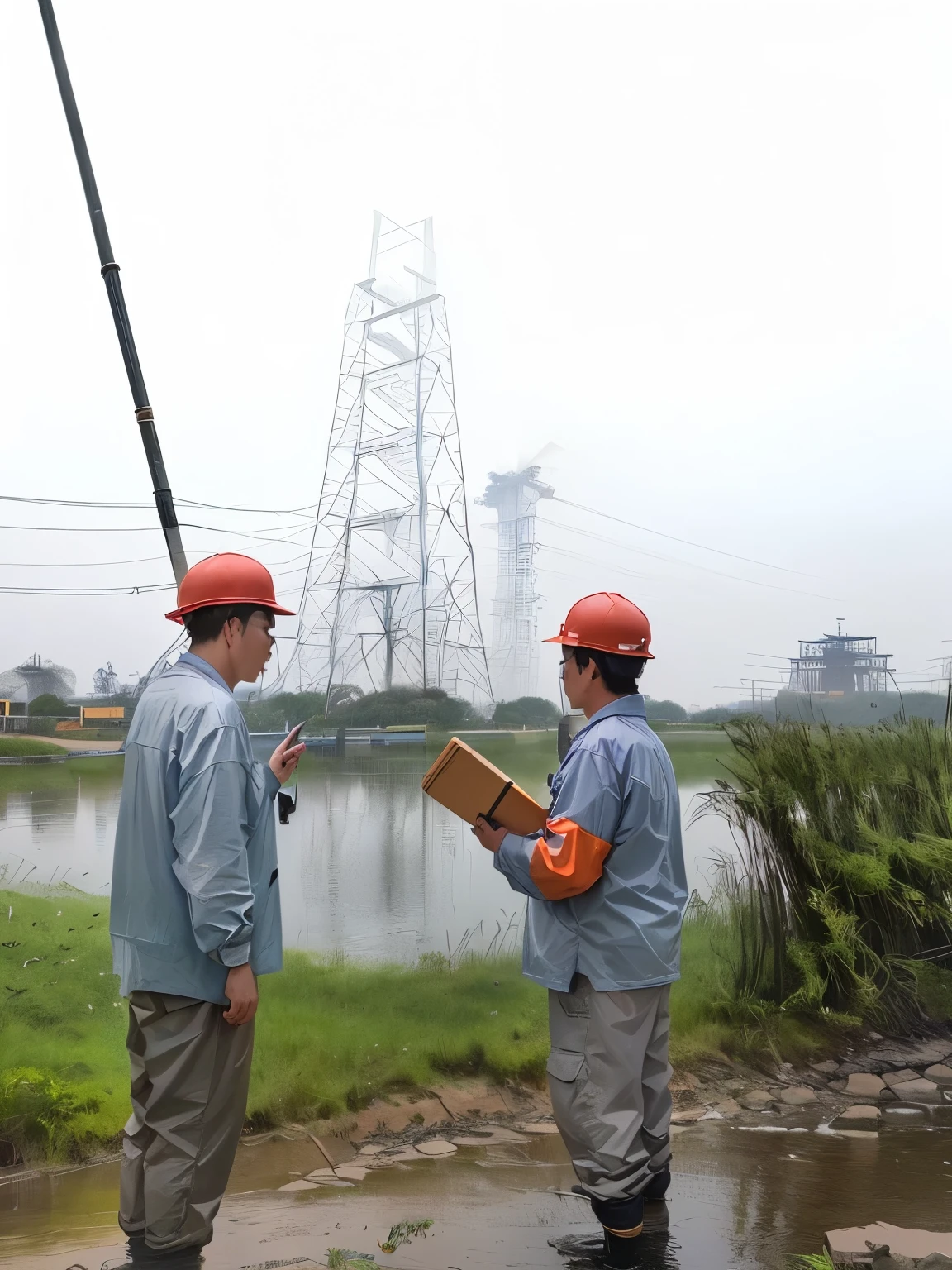 Two people in work clothes、Man wearing a hat standing by the water, Photo showing, Keep the power away and birds, Keep the power away, deep knowledge, li zixin, zhuoxin ye, floating power cables, Dramatic shots, yiqiang and shurakrgt, , Maintenance photos, Power plant location