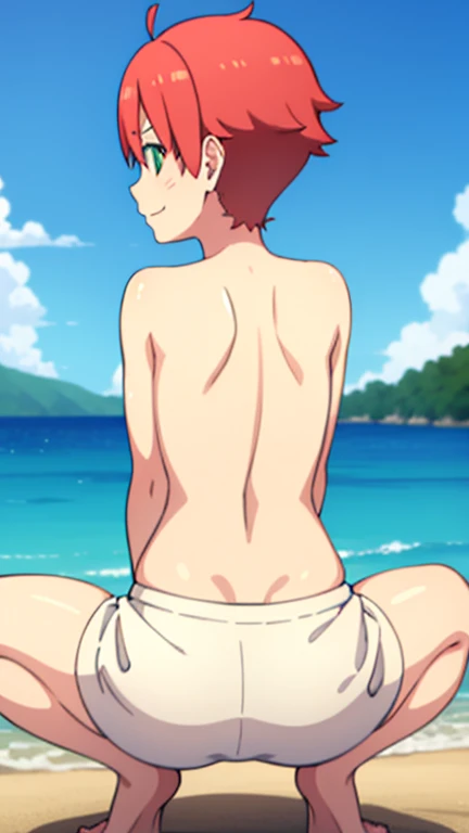 Boy, slim, Cute, Pale white skin, green eyes, Short red hair, on beach, looks shyly at the viewer, smiling, wet, spread legs, squatting, ass view, back view, white shorts, 