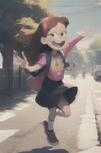 MabelPines, Mabel pines, brown hair, long hair, hair band, flat chest, smile, braces, open mouth, sweeter, skirt, shoes, star print, outdoors, vibrant colors