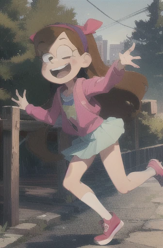 MabelPines, Mabel pines, brown hair, long hair, hair band, flat chest, smile, braces, open mouth, sweeter, skirt, shoes, star print, outdoors, vibrant colors