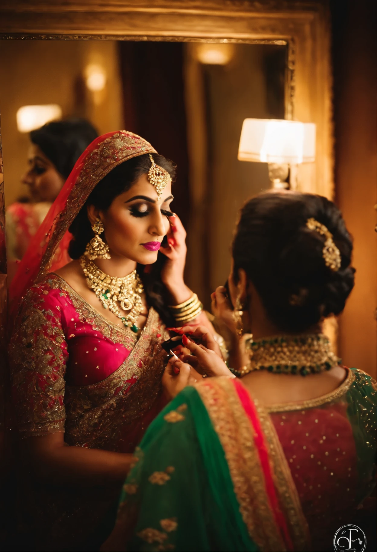 A newlywed Pakistani bride applying her make-up in front of the mirror, applying eye shadow