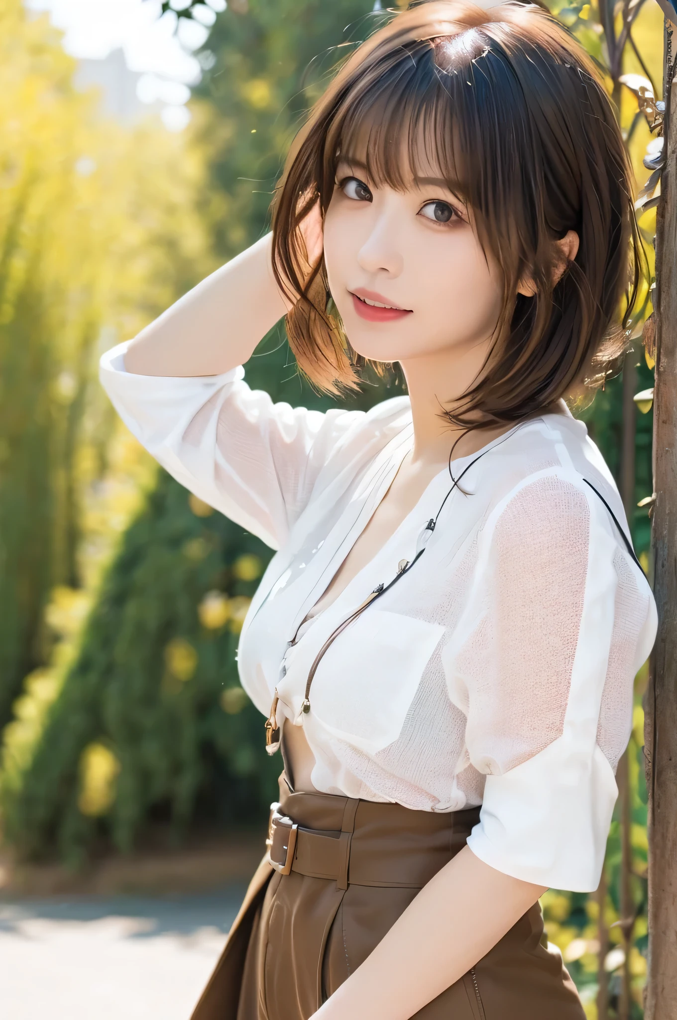 1girl.(RAW shooting:1.3)、(Photorealistic:1.3)、(masterpiece:1.3)、(highest quality:1.3)、Super detailed、High resolution、(Depth of written boundary)、(Detailed eyes)、(Detailed facial features)、(Detailed fingers)、(Detailed clothing features)、High resolution、8k、Skin Tightening、(Glowing Skin)、Landscape Gestic.Age 35、(Brown Hair)、(Medium Short Hair:1.5)、(Straight hair:1.3)、Hair blowing in the wind、avert your eyes、(Cowboy Shot:1.3)、(Dynamic pose)、(Smile)、blouse、Wide leg pants、Rich milk、Lens flare、Shining with colored light、Fantastic lighting、Forest rays、(Daytime cityscape, Busy Street, Expressing the vibrant charm of a bustling metropolis under the sun.)、