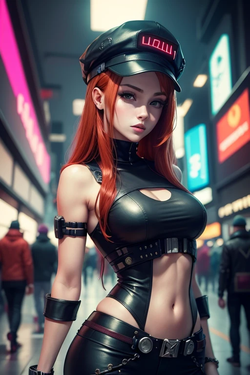 Beautiful woman medium red hair, wearing cap, roupas curtas estilo cyberpunk