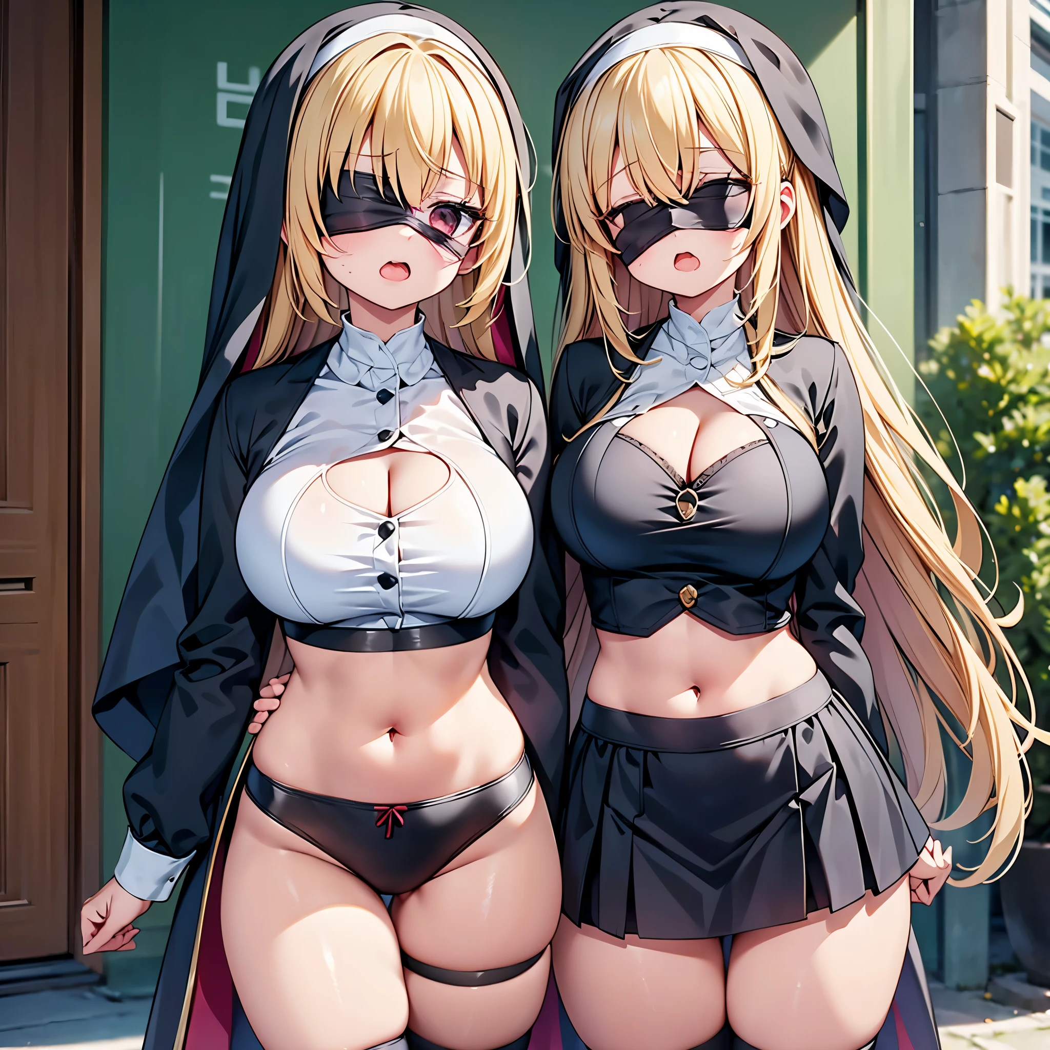 highest quality,wonderful,finely,extremely detailed CG Unity 8K wallpaper, (girl, very long hair, blonde, clothed), (nun :1.2), (huge breasts), (cleavage cutout:1.4), (crop top navel:1.4), (open mouth:1.1), (long tongue:1.1), (mouth drool:1.1), (Black knee socks:1.1),(Thighs:1.2),(Waistline:1.2),(black blindfold, blindfold:1.5)