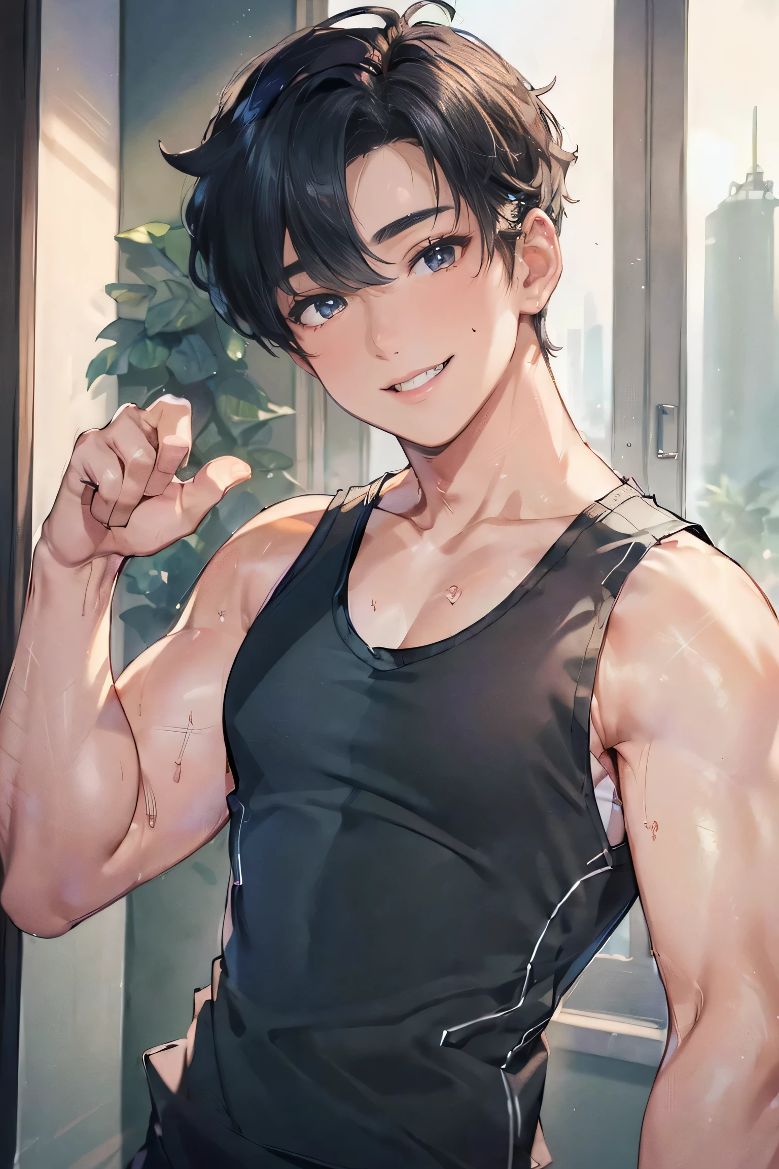 ((Masterpiece, Super Hi-Res, Highly Detailed, 8k)), ((Sexy boy: 1.5)), about 20, handsome, ((tank top, makes viewer smile : 1.5)), twink, skinny, excited, gay erotic,. Sexy Raised, upper body, close up,
