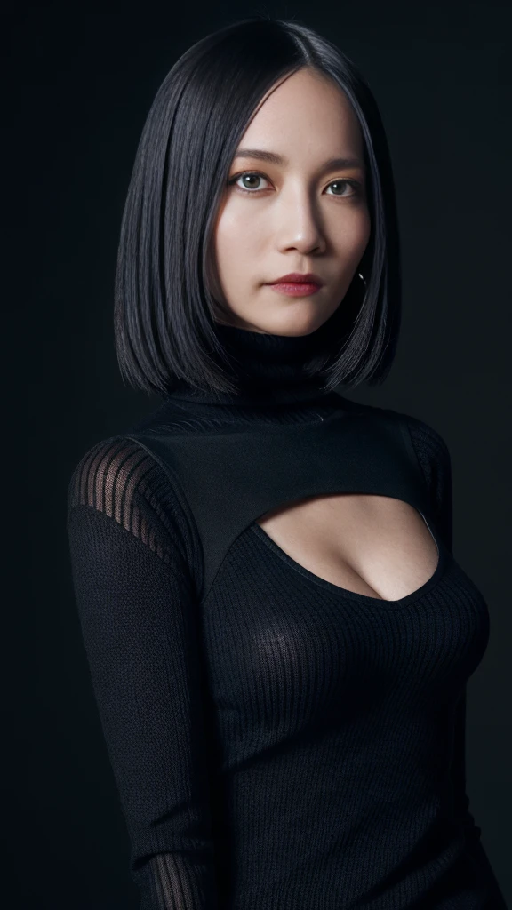 8K images, highest quality, masterpiece, Realistic, Realistic, High resolution, Ray Tracing, 1 sexy woman, Dark sweater, Shapely breasts, Detailed skin texture, Shortcuts, Straight hair, (View your viewers)
