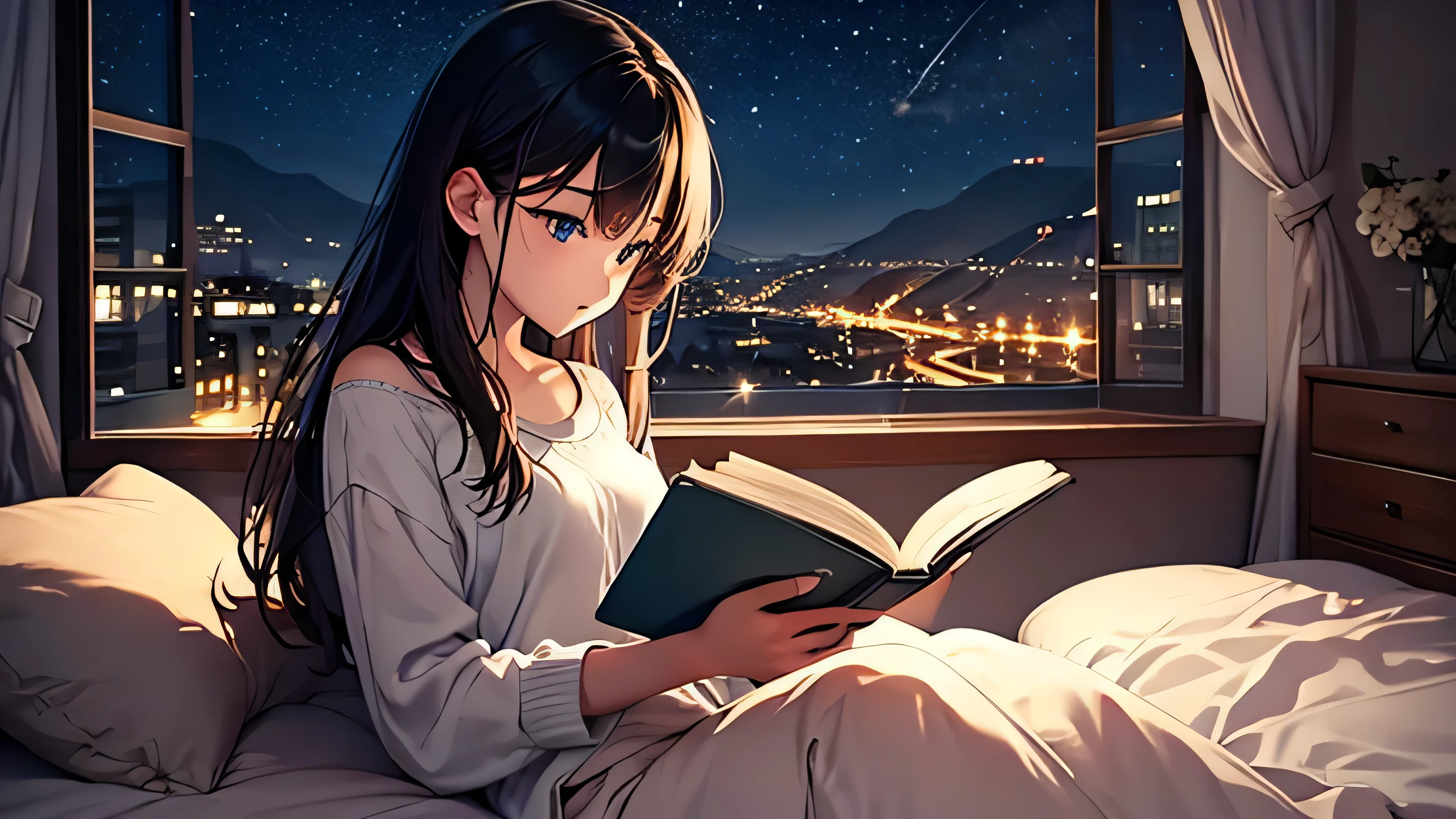 night　Seaside Room　girl　hair blowing in the wind　Sitting on the sofa reading a book