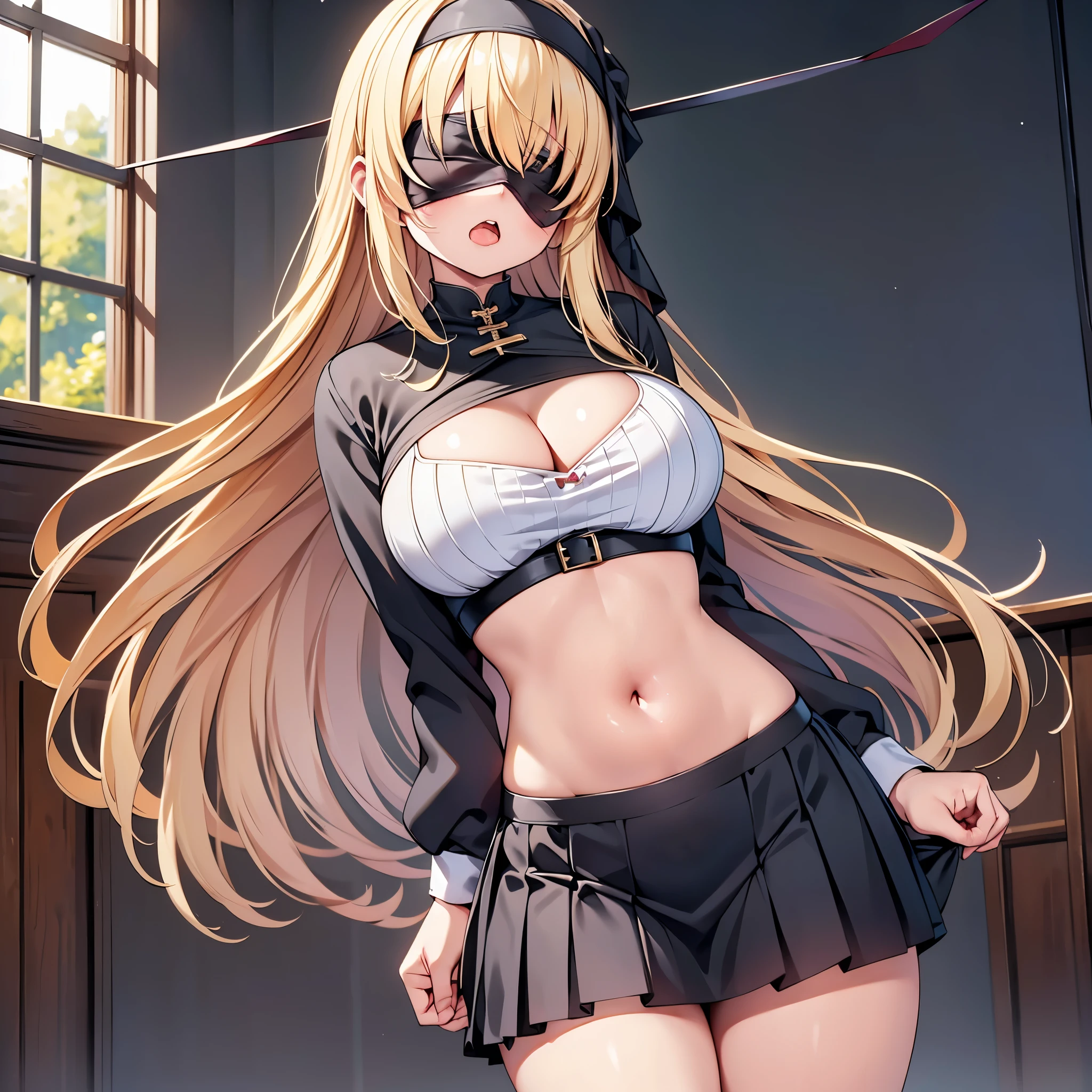 highest quality,wonderful,finely,extremely detailed CG Unity 8K wallpaper, (girl, very long hair, blonde, clothed), (nun :1.2), (huge breasts), (cleavage cutout:1.3), (crop top navel:1.3), (open mouth:1.1), (long tongue:1.1), (mouth drool:1.1), (Black knee socks:1.1),(Thighs:1.2),(Waistline:1.2),(black blindfold, blindfold:1.5)