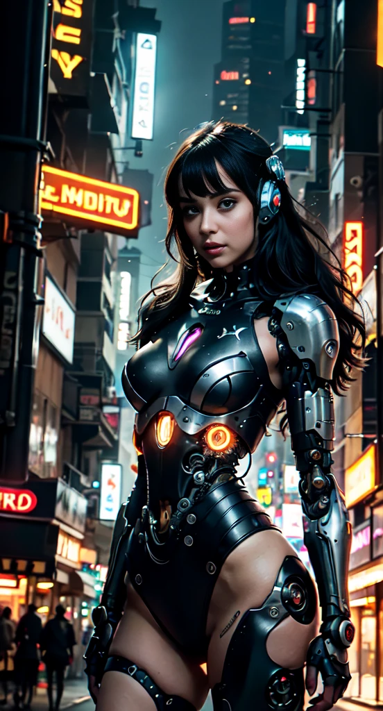 Top Quality, Masterpiece, Ultra High Resolution, ((Photorealistic: 1.4), Raw Photo, 1 cyberpunk Girl, Glossy Skin, 1 Mechanical Girl, (Ultra Realistic Detailechanical limbs, tubes connected to the mechanical parts, mechanical vertebrae attached to the spine, mechanical cervical attachment to the neck, wires and cables connecting to the head, Evangelion, Ghost in the Shell, small glowing LED lamps, global lighting, deep shadows, Octane Rendering, 8K, bloom effect, Ultra Sharp, Metal, Intricate Ornament Details, baroque details, Very intricate details, realistic light, CGSoation trend, facing the camera, neon details, (android manufactory in background), art by H.R. Giger and Alphonse Mucha.