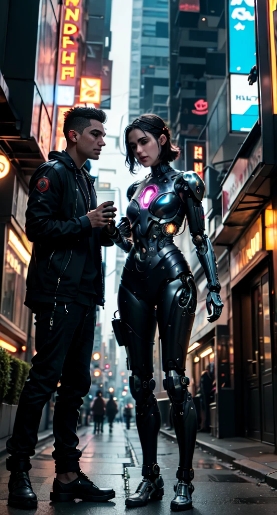 Here is a short story that focuses on the relationship between female and male cyborgs:
In a dystopian, neon-lit metropolis of the future, Amanda, a metal-framed cyborg beneath her skin, wandered the streets in search of her destiny. Her mechanical limbs glittered under the lights of the city's signage, giving her a menacing yet mesmerizing appearance.
One day she met Max, a cyborg like herself, with eyes skillfully embedded in his cybernetic face. A dialog ensued between them, full of distrust and wariness inherent in their artificial natures. But gradually, under the influence of an inevitable attraction, they began to blur the boundaries between the human and the mechanical, realizing that their relationship could become something more.
Going through endless trials and obstacles, prepared for them by the world, where technology dominated over nature, Amanda and Max learned to trust each other, discovering new facets of themselves, inaccessible to ordinary people. Their union grew stronger and stronger, as if they were two halves of the same whole, perfectly complementing each other.
Together they challenged the cruel reality, in which the mechanical outnumbered the organic, and believed that their love could overcome any obstacles erected by this cold, ruthless world.