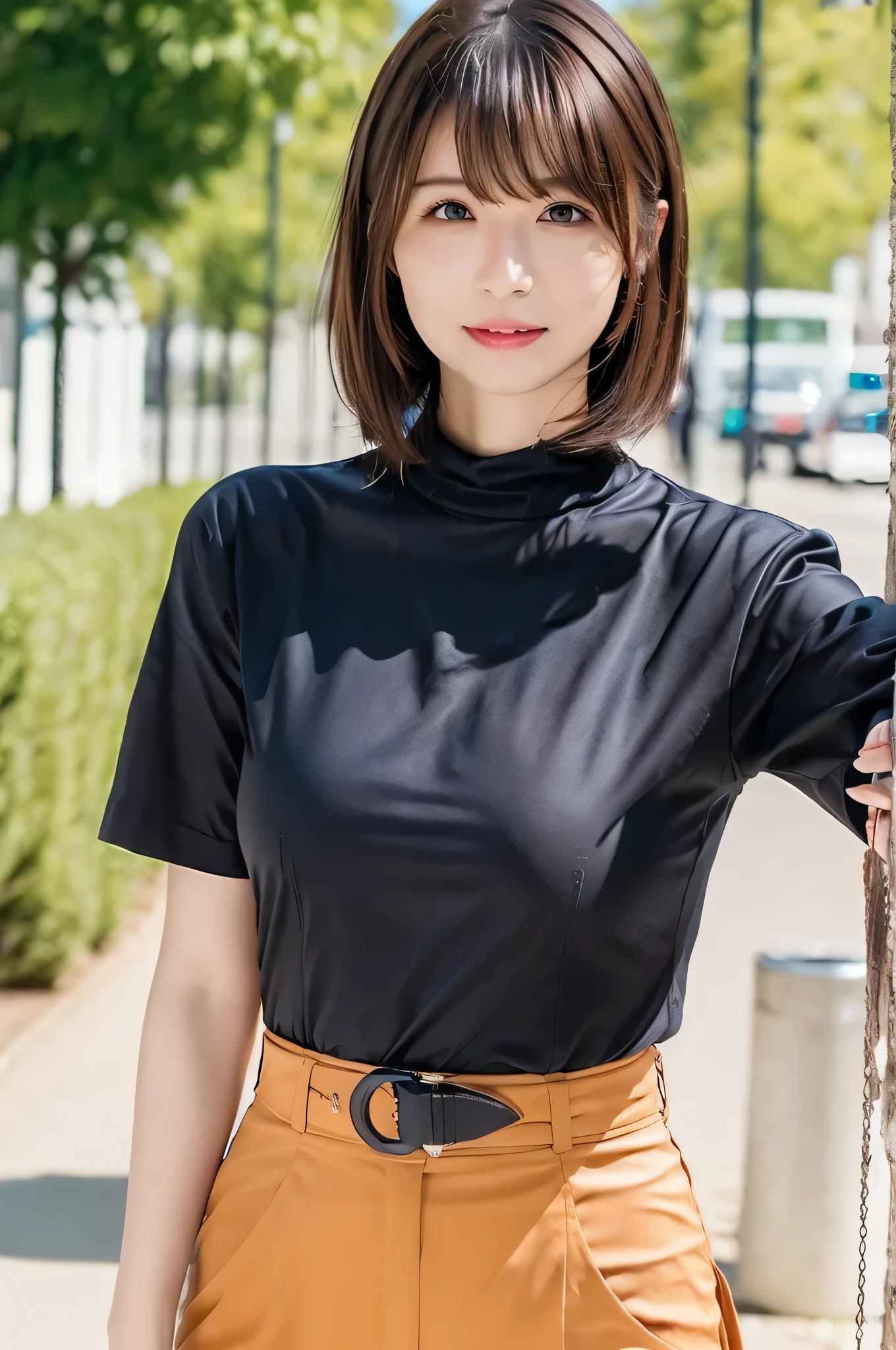 (RAW shooting:1.3)、(Photorealistic:1.3)、(masterpiece:1.3)、(highest quality:1.3)、Super detailed、High resolution、(Depth of written boundary)、(Detailed eyes)、(Detailed facial features)、(Detailed fingers)、(Detailed clothing features)、High resolution、8k、Skin Tightening、(Glowing Skin)、Landscape Gestic、1 housewife、Japanese、Age 35、(Brown Hair)、(Medium Short Hair:1.5)、(Straight hair:1.3)、Hair blowing in the wind、avert your eyes、(Cowboy Shot:1.3)、(Dynamic pose)、(Smile)、blouse、Wide leg pants、Rich milk、Lens flare、Shining with colored light、Fantastic lighting、Forest rays、(Daytime cityscape, Busy Street,  Expressing the vibrant charm of a bustling metropolis under the sun.)、