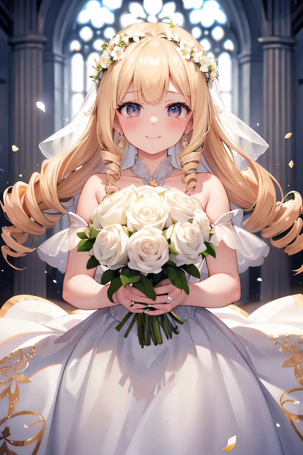 ((blond hair, drill hair)), head wreath, happy tears, crystal earrings, light smile, happy, Hyperrealism, Verism, cinematic lighting, reflection light, tachi-e, cowboy shot, UHD, ((masterpiece)), ((best quality)), highres, (textured skin), 8k, Wedding bride, pure white wedding dress, bouquet, in church, colorful petals dancing behind her