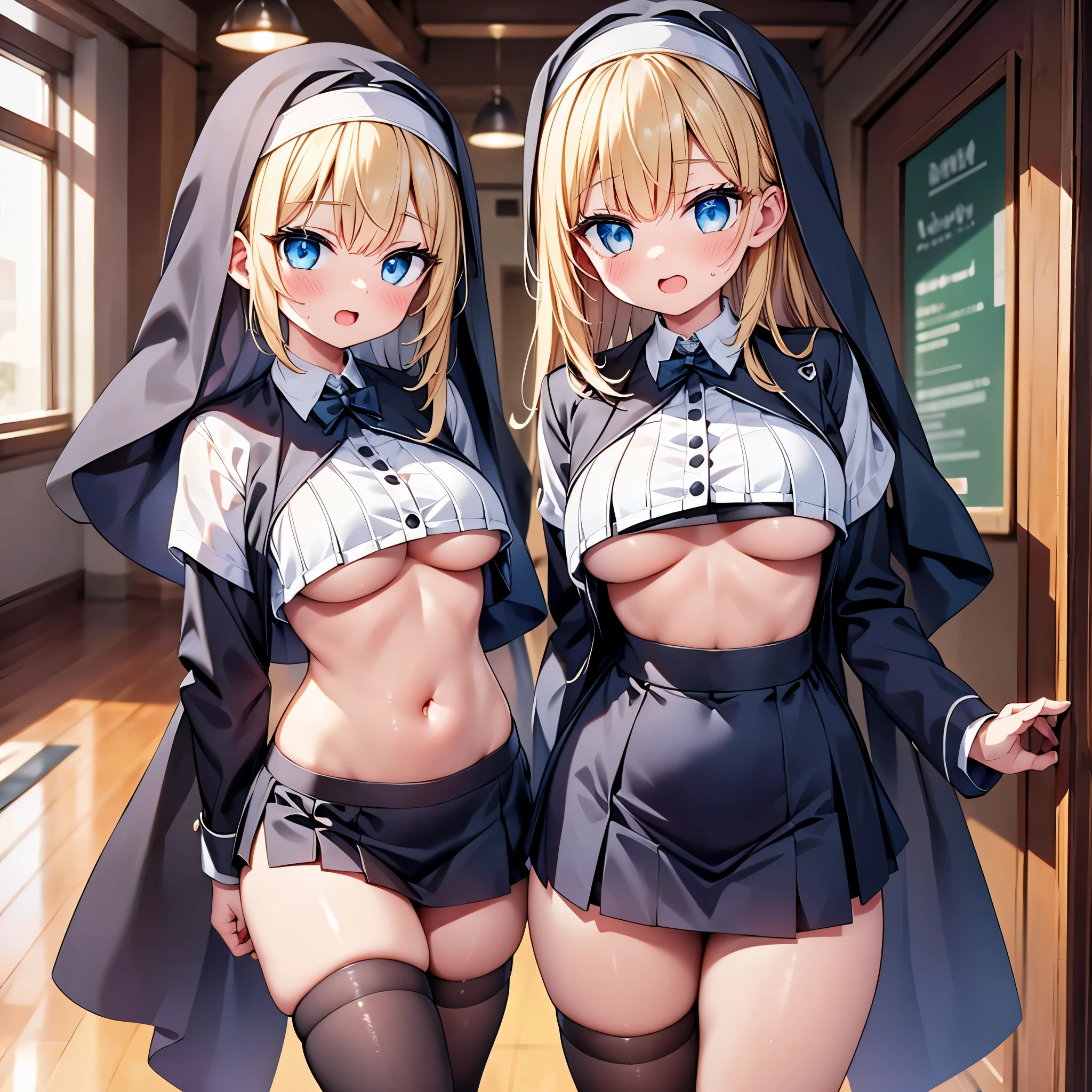 (cute eyes:1.2), (sparkling eyes:1.2), highest quality,wonderful,finely,extremely detailed CG Unity 8K wallpaper, (Stand in line:1.2), (3 girls, clothed), (nun:1.1), (Underboob:1.2), (midriff peek:1.2), (midium breasts), (open mouth:1.1), (long tongue:1.1), (mouth drool:1.1), (Black knee socks:1.1),(Thighs:1.2)