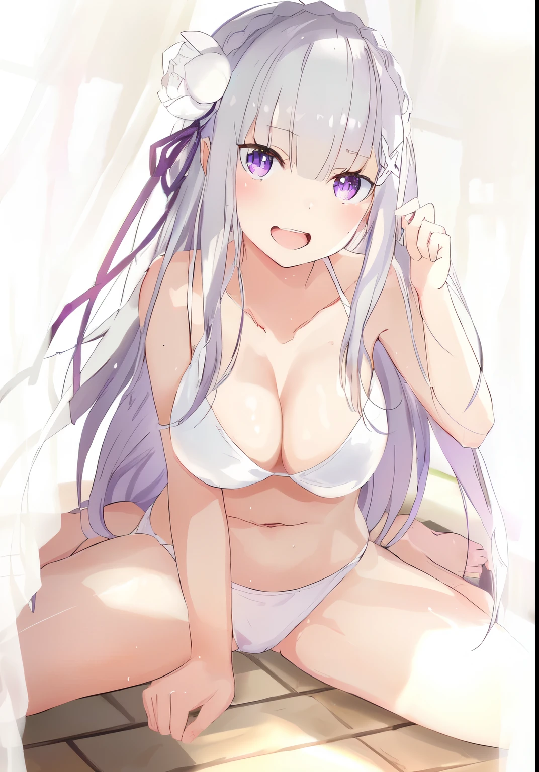 Emilia re:zero, purple eyes, Emilia, crown braid, x hair ornament, flower hair ornament, white hair, long hair, medium breasts, anime girl with long hair and white panties sitting on the floor, seductive anime girl, , white haired deity, perfect white haired girl, ahegao, anime moe artstyle, shikamimi, pretty anime girl, (anime girl), with index finger, anime best girl, cute anime girl, zerochan art, at pixiv, white haired