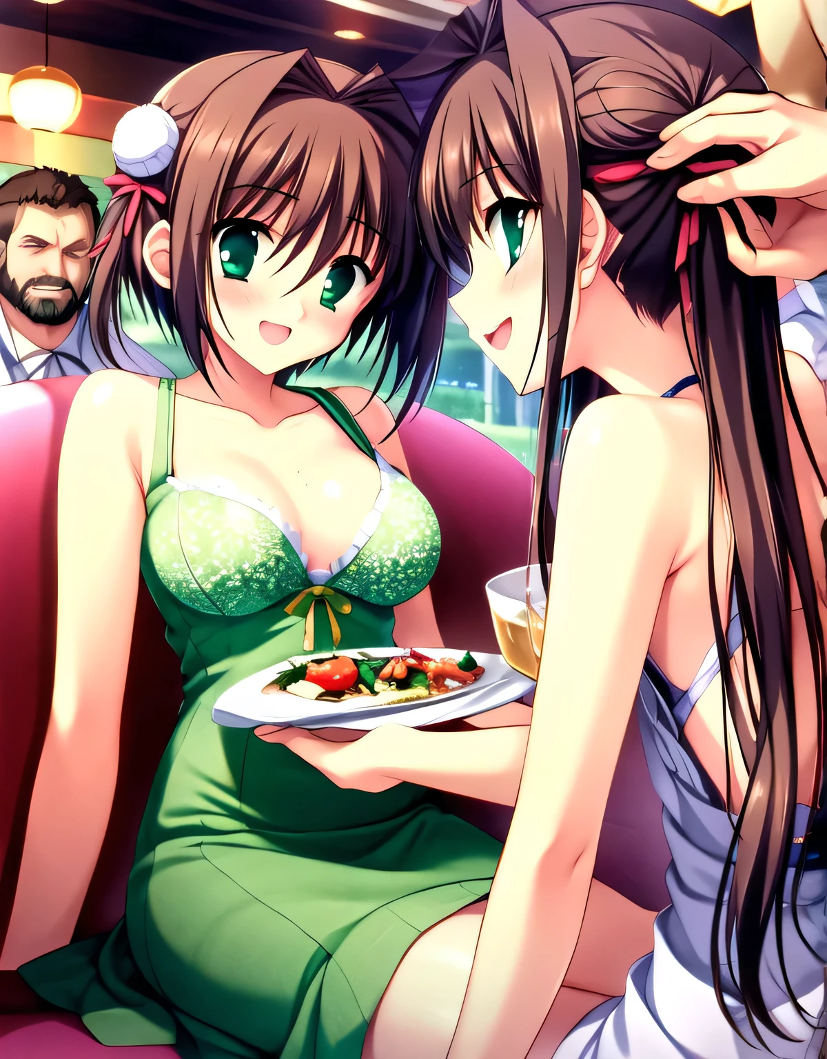 asakura_yume,Brown Hair,Medium Chest,Aqua Eye,White skin,(((((woman1people))))),(((((Restaurant))))),((By Meng_Sitting in a chair)),(((Several bearded men))),(((((By Meng_Surrounded by middle-aged male molesters))))),nsfw, (((By Meng_Being held by a molester))),((((Bust up shot)))),(((((green_Summer Dresses))))),((valley)),No bra,smile,Open your mouth,