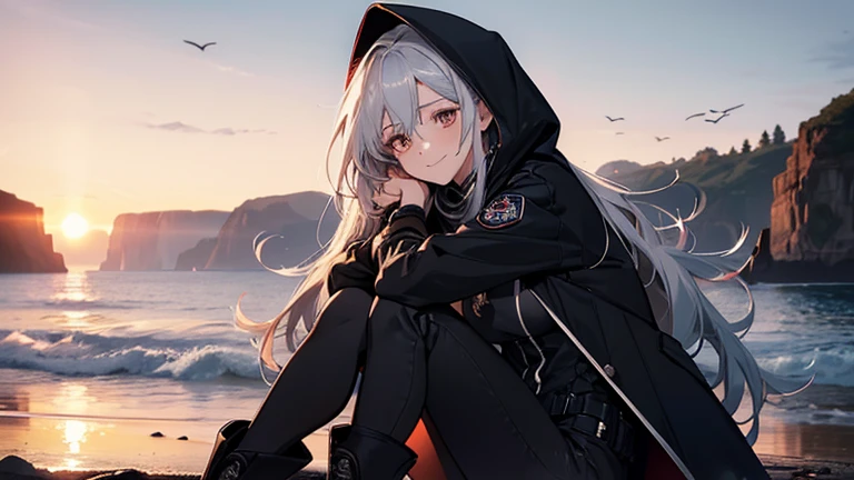 (Confused, High resolution, Very detailed), 1 female, Silver Hair,Long Hair,Reddish brown eyes,boots,Wearing a hood,Navy Long Coat,Black skinny jeans,Black and white pilot suit,,Small breasts,23 years old,Beautiful woman,Adult female,,thin,quiet,Calm,A small smile,Coast at dawn