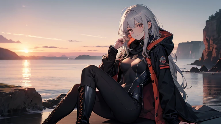 (Confused, High resolution, Very detailed), 1 female, Silver Hair,Long Hair,Reddish brown eyes,boots,Wearing a hood,Navy Long Coat,Black skinny jeans,Black and white pilot suit,,Small breasts,23 years old,Beautiful woman,Adult female,,thin,quiet,Calm,A small smile,Coast at dawn
