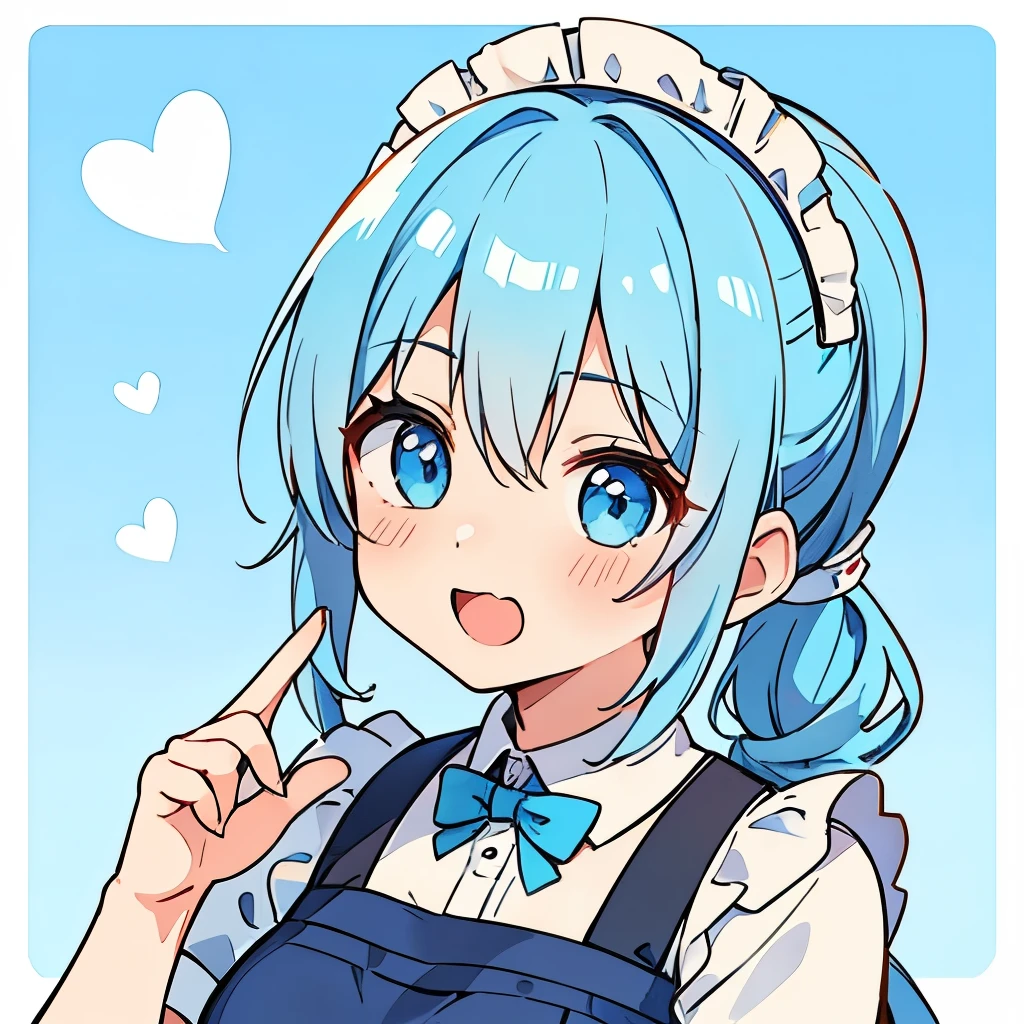 1 girl, anime maid, light BLUE hair, long pony tail, cute, 15 year old, Moe style, welcoming main character, cheerful and loving expression, masterpiece, BLUE maid uniform, cute, loving, tsundere,  breasts
