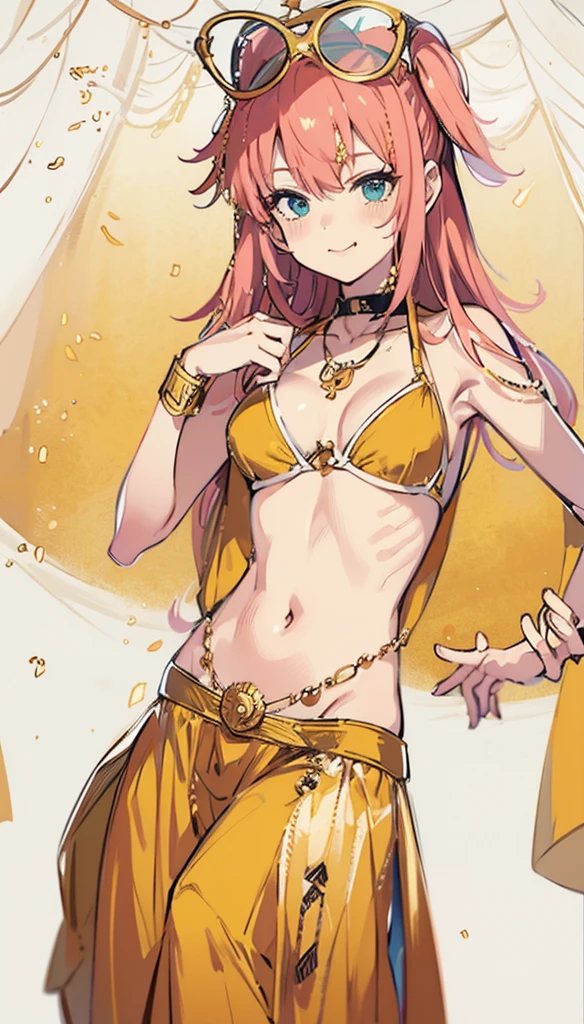 A smug narcissistic pink haired woman wearing a golden bra and golden pants and lots of jewelry flaunting herself