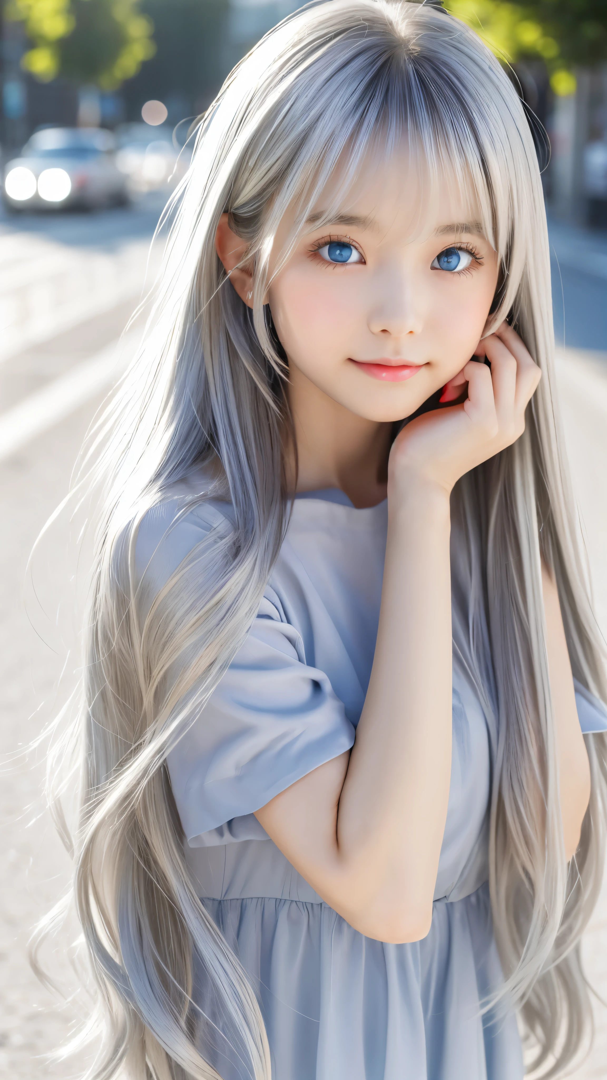Shining, clear, white skin、Her windblown silver hair hides her beautiful face.、huge、28 years old cute sexy little beautiful face、Beautiful straight hair that stands out、growing up, Sparkling light blue eyes、long silky bangs that cover cute eyes, Sexy and cute young woman with super long hair hiding her sexy face、Shining silver hair