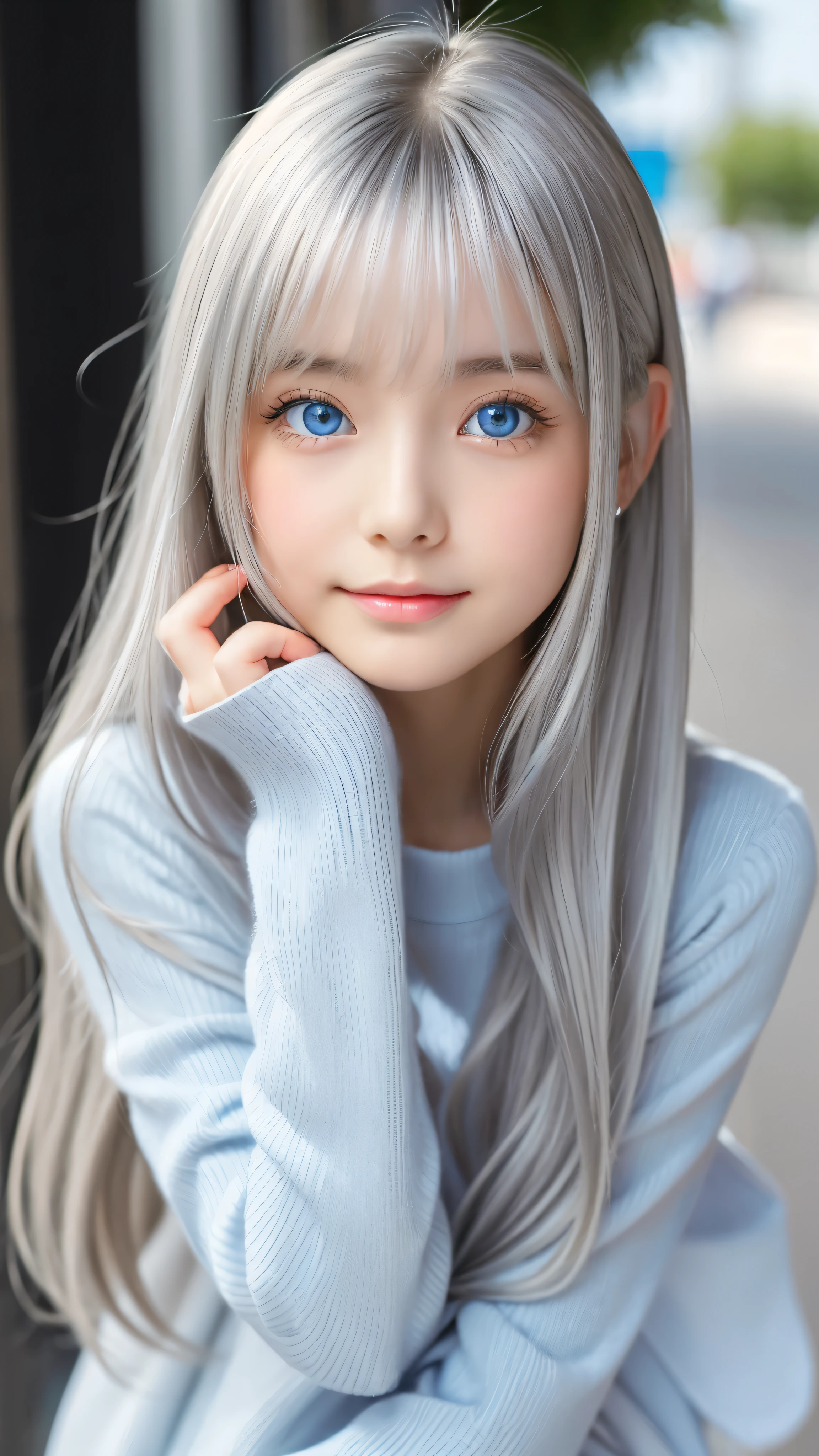 Shining, clear, white skin、Her windblown silver hair hides her beautiful face.、huge、28 years old cute sexy little beautiful face、Beautiful straight hair that stands out、growing up, Sparkling light blue eyes、long silky bangs that cover cute eyes, Sexy and cute young woman with super long hair hiding her sexy face、Shining silver hair