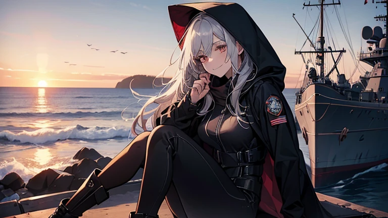(Confused, High resolution, Very detailed), 1 female, Silver Hair,Long Hair,Reddish brown eyes,boots,Wearing a hood,Navy Long Coat,Black skinny jeans,Black and white pilot suit,,Small breasts,23 years old,Beautiful woman,Adult female,,thin,quiet,Calm,A small smile,Coast at dawn