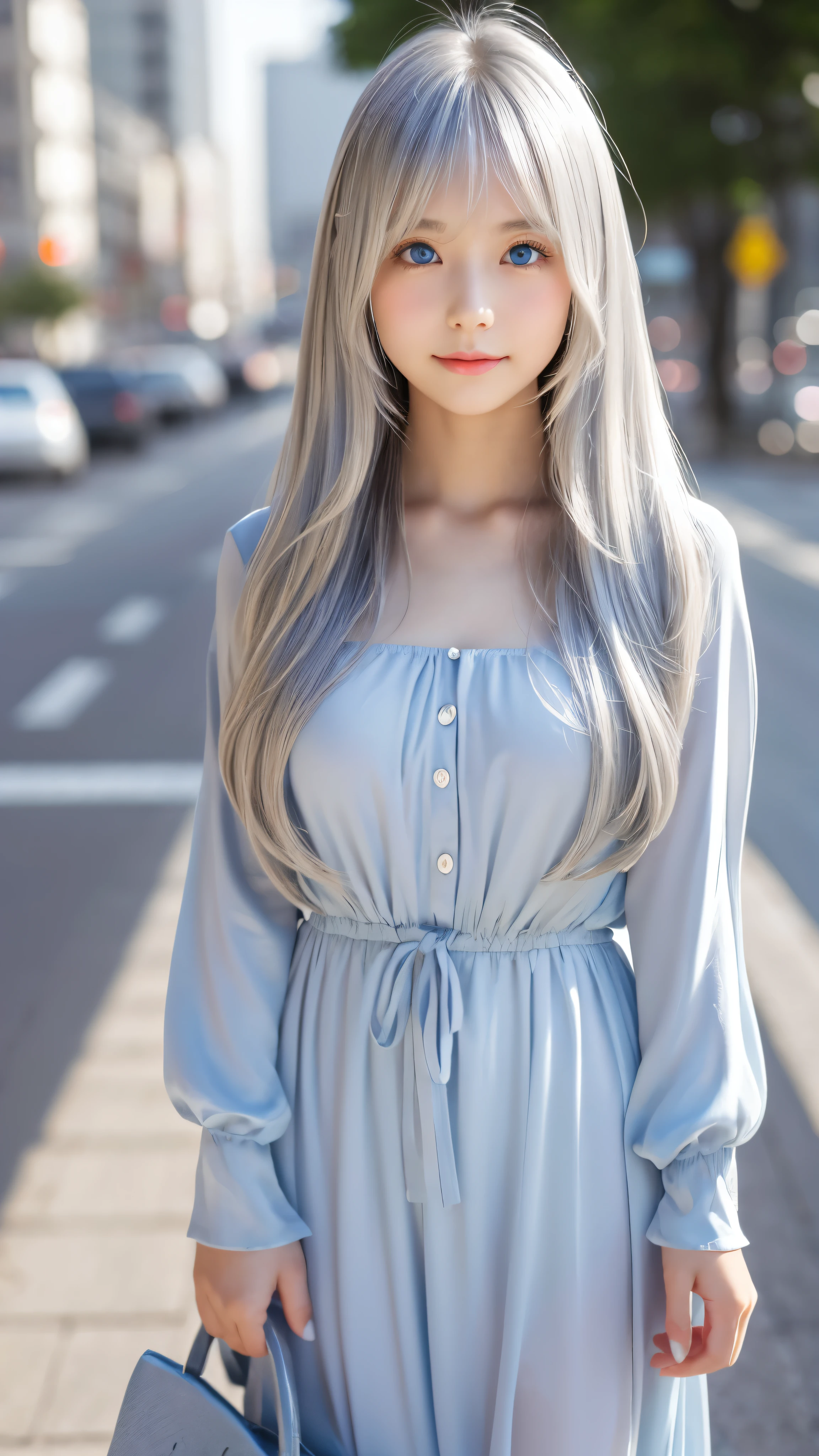 Shining, clear, white skin、Her windblown silver hair hides her beautiful face.、huge、28 years old cute sexy little beautiful face、Beautiful straight hair that stands out、growing up, Sparkling light blue eyes、long silky bangs that cover cute eyes, Sexy and cute young woman with super long hair hiding her sexy face、Shining silver hair
