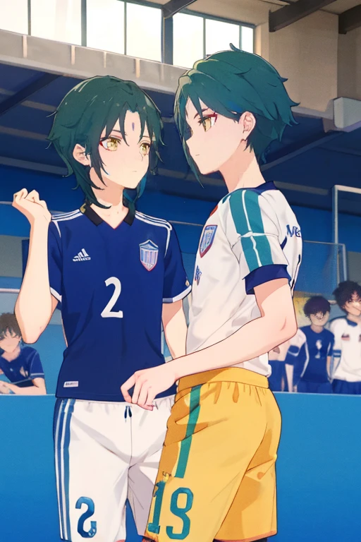 2 boys,dark green hair,highest quality,masterpiece,excessive,male focus,yellow eyes,beautiful eyes,beautiful boy,School,between men,Spouse,soccer club members,Blue soccer uniform,soccer,high school,soccer uniform,blue clothes,soccer court,teammate,same clothes,shoulder to shoulder,feminine,good friend,best image quality,high resolution,Clear Expression