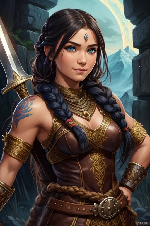 smiling fantasy barbarian girl,black bear,illustration,ultra-detailed,painted style,vibrant colors,heroic pose,fantasy portrait,adventure theme,strong and fearless girl,braided hair,wilderness,ancient ruins,leather armor,fierce expression,beautiful detailed eyes,beautiful detailed lips,soft lighting,enchanted sword,fantasy creatures,strength and beauty,bravery and courage,mythical realm,extraordinary power,noble and divine,heroic companion,fierce loyalty,magnificent fantasy world,