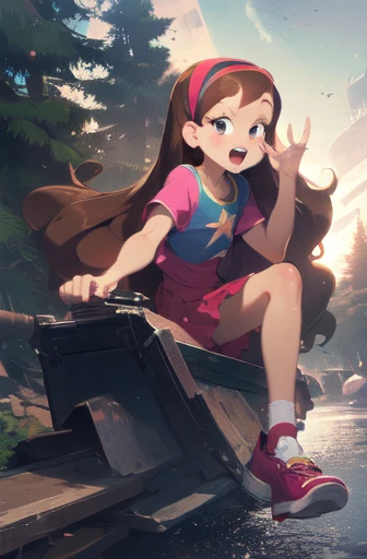 (medium:1.1), vibrate colors, Mabel Pines, brown hair, long hair, hair band, flat chest, beautiful detailed eyes, beautiful detailed lips, smile, braces, open mouth, sweet, skirt, shoes, star print, outdoors, Gravity Falls set