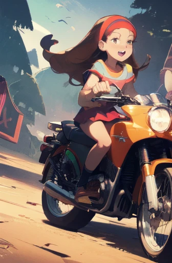 (medium:1.1), vibrate colors, Mabel Pines, brown hair, long hair, hair band, flat chest, beautiful detailed eyes, beautiful detailed lips, smile, braces, open mouth, sweet, skirt, shoes, star print, outdoors, Gravity Falls set