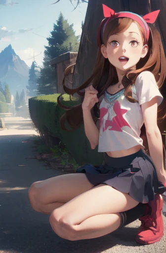 (medium:1.1), vibrate colors, Mabel Pines, brown hair, long hair, hair band, flat chest, beautiful detailed eyes, beautiful detailed lips, smile, braces, open mouth, sweet, skirt, shoes, star print, outdoors, Gravity Falls set