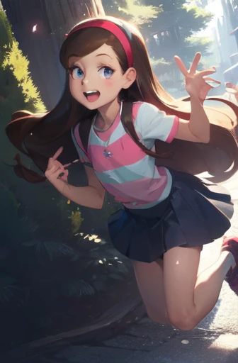 (medium:1.1), vibrate colors, Mabel Pines, brown hair, long hair, hair band, flat chest, beautiful detailed eyes, beautiful detailed lips, smile, braces, open mouth, sweet, skirt, shoes, star print, outdoors, Gravity Falls set