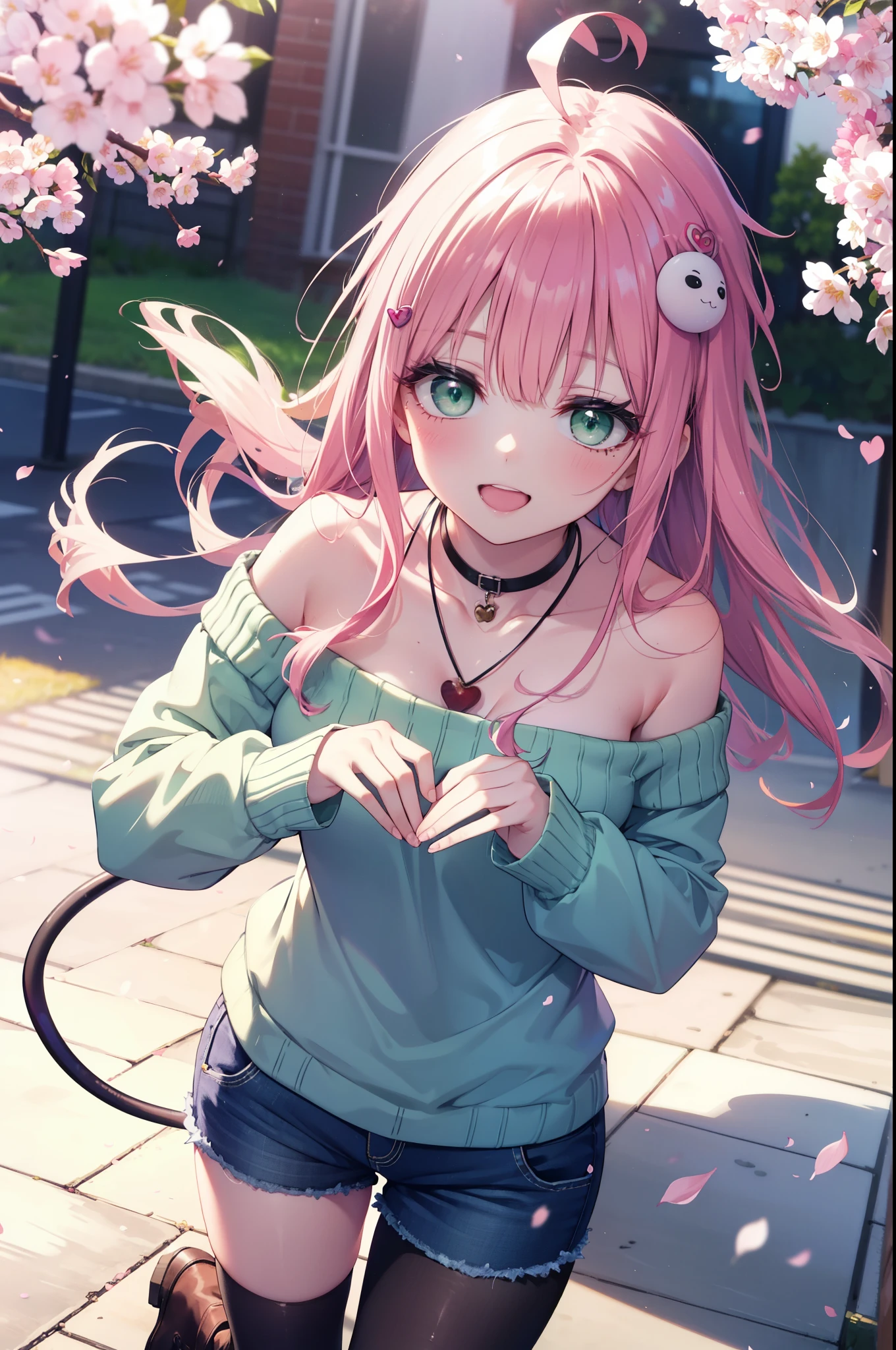 Lara Deviluke, Lara Deviluke, Long Hair, Pink Hair, tail, Ahoge, bangs, hair ornaments, (Green Eyes:1.5), happy smile, smile, Open your mouth,demon tail,Off-the-shoulder sweater,Exposing shoulders,bare clavicle,Bare neck,Heart Pendant,Shorts,Black Pantyhose,short boots,Cherry blossoms are blooming,Cherry blossoms are scattered,Cherry blossom tree-lined path,Daytime,Clear skies,
break outdoors, city,ビル街
break looking at viewer, (Cowboy Shot:1. 5)
break (masterpiece:1.2), highest quality, High resolution, unity 8k w全てpaper, (shape:0.8), (beautiful detailed eyes:1.6), extremely detailed face, Perfect lighting, extremely detailed CG, (Perfect hands, Perfect Anatomy),