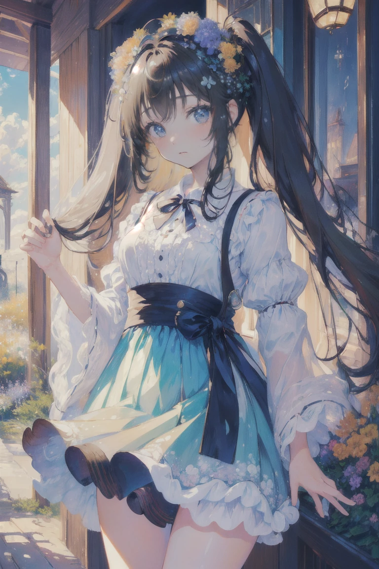 (best quality,high resolution:1.2),ultra-detailed, detailed background,(Flowing chrome, (Dark cascading hair, shoulder length, tied with a blue ribbon),(White women's shirt, blue short ribbon tie, blue floral maxi skirt), petite, neat, black eyes, studious, warm smile), horizontally expanding, unique study, vase