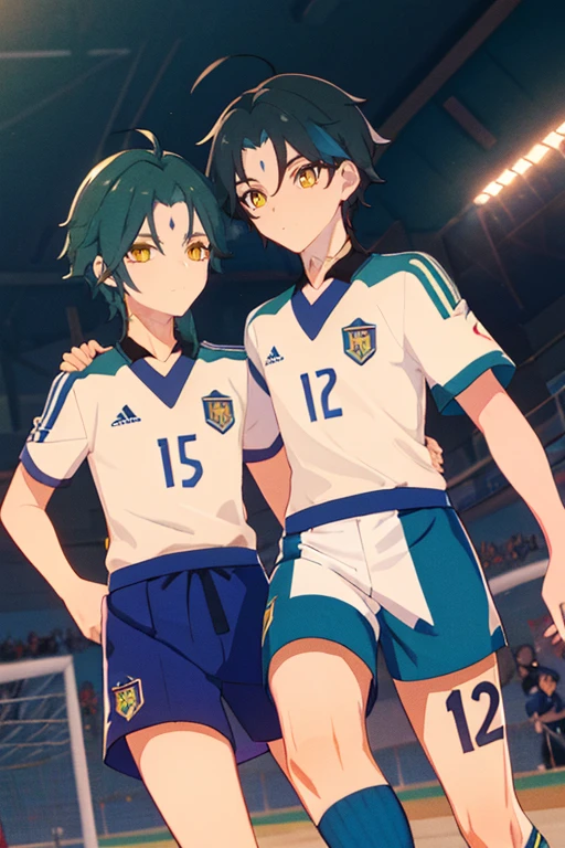 2 boys,dark green hair,highest quality,masterpiece,excessive,male focus,yellow eyes,beautiful eyes,beautiful boy,School,between men,Spouse,soccer club members,Blue soccer uniform,soccer,high school,soccer uniform,blue clothes,soccer court,teammate,same clothes,shoulder to shoulder,feminine,good friend,best image quality,