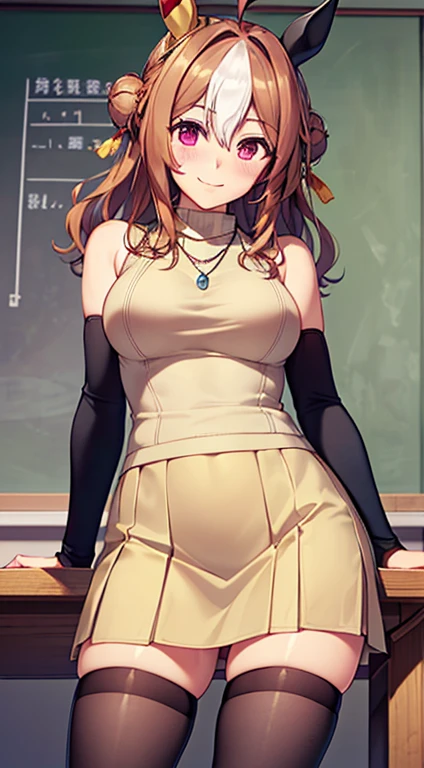 (table top, highest quality, High resolution, , perfect pixel, 4k,), 1 girl, single, alone, Beautiful woman、I could see the whole body、copano rickey \(umamusume\), ((detailed face, blush:1.2)), ((smooth texture:0.75, realistic texture:0.65, realistic:1.1, Anime CG style)), medium breasts, dynamic angle, perfect body, ((, female teacher, , earrings、necklace、Beige sleeveless turtleneck sweater、Tight Skirt、black knee high stockings、、shy smile)), upper grade、、、evening、、Bring your arms together to emphasize your chest、hold the necklace between your chest、(、()、angle from below)、