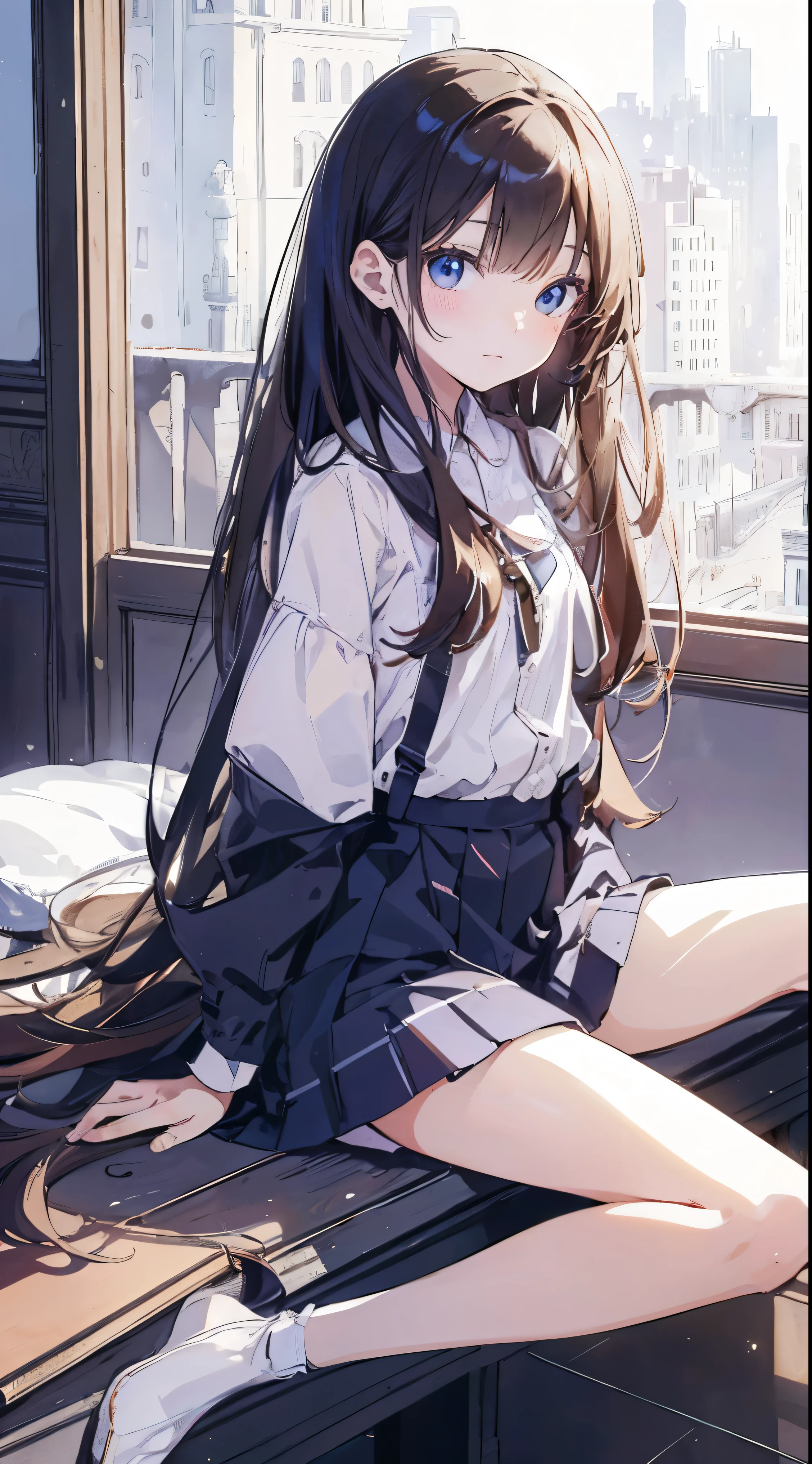 Shibuya rin, 1 girl, brunette, long hair, green eyes, dark shiny skin, White shirt, black tie, high detail, Luxurious view, bare legs, USA, brown hair, medium breasts 