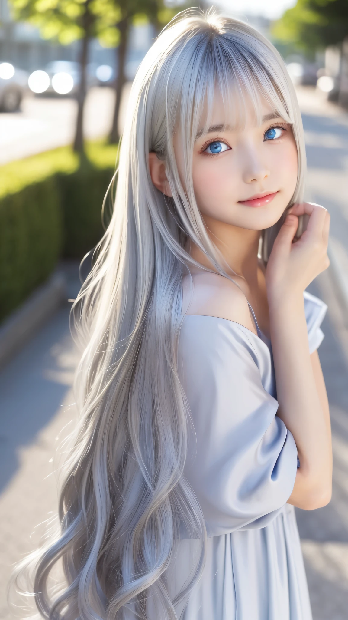 Shining, clear, white skin、Her windblown silver hair hides her beautiful face.、huge、28 years old cute sexy little beautiful face、Beautiful straight hair that stands out、growing up, Sparkling light blue eyes、long silky bangs that cover cute eyes, Sexy and cute young woman with super long hair hiding her sexy face、Shining silver hair