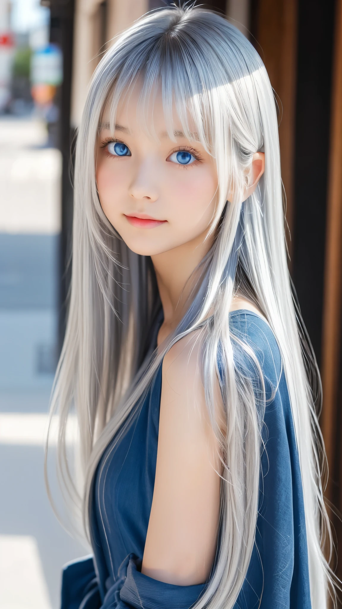 Shining, clear, white skin、Her windblown silver hair hides her beautiful face.、huge、28 years old cute sexy little beautiful face、Beautiful straight hair that stands out、growing up, Sparkling light blue eyes、long silky bangs that cover cute eyes, Sexy and cute young woman with super long hair hiding her sexy face、Shining silver hair
